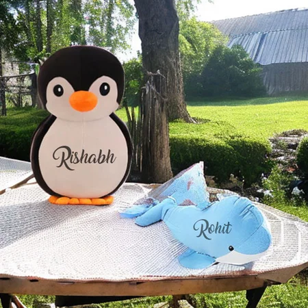 Black Blue Customized Soft Stuff Toys Combo Of 2 Dolphin And Penguin Kids Return Gift