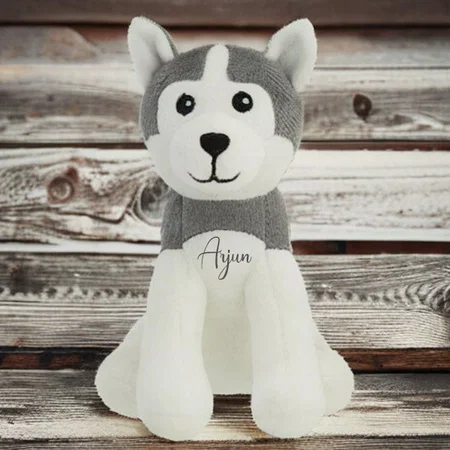 Grey White Customized Dog Soft Toy for Boys, Girls and Kids SIze - 17 cm