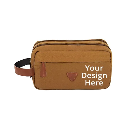 Brown Customized Light Weight Durable Canvas Toiletry Travel Bag Makeup Shaving Kit, Waterproof Travel Toiletry Travel Kit Bag With Belt For Men And Women (25 X 10 X 14 cm)