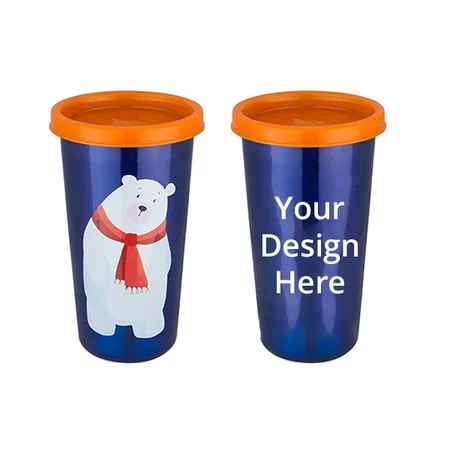 Blue Customized Polar Bear Steel Straw Glass, with Orange Lid, 370ml