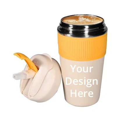 Yellow Customized Travel Coffee Mug with Lid and Straw, 480 ml Stainless Steel, Double Wall Vacuum Insulated Tumbler