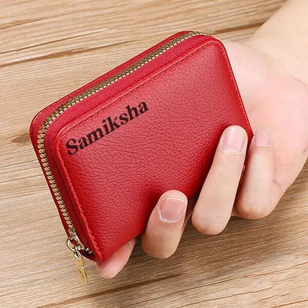 Red Customized Genuine Leather Holder Visiting Card Holder with Zip Closure for Men and Women