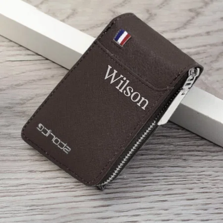 Chocolate Brown Customized PU Leather 9 Slot Vertical Visiting Card Holder Money Wallet Zipper Coin Purse for Men Women