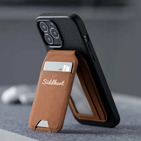 Brown Customized Vegan Leather Wallet with Adjustable Stand for iPhone 15/14/13/12 Series 3 Card Holder