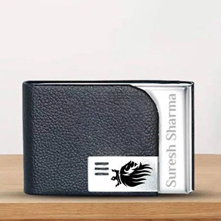Black Customized PU Leather Stainless Steel Card Holder with Magnetic Closure for Men & Women (Size - 1.5 x 9.5 x 6.5 cm)