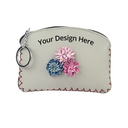 Grey Customized Faux Leather Purse Coin With Key Chain For Women