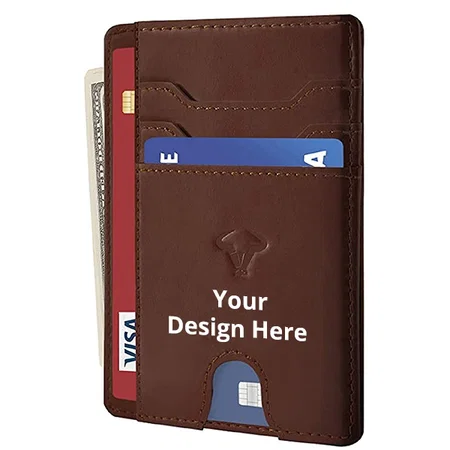 Brown Customized Genuine Leather Slim Wallet, RFID Blocking Minimal Thin Front Pocket Wallet Sleeve Card Holder