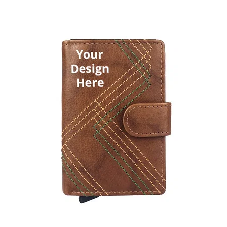 Tan Customized Unisex RFID Blocking Card Holder with Unique Handmade Thread Design