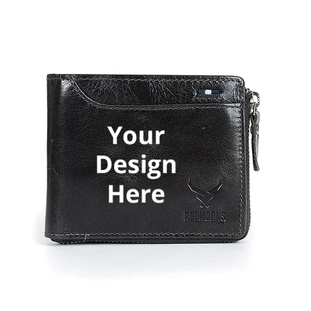 Black Customized Genuine Leather Multi Pocket Wallet with Zipper
