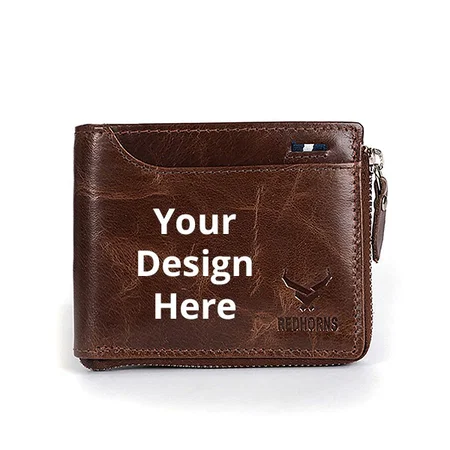 Brown Customized Genuine Leather Multi Pocket Wallet with Zipper for Men
